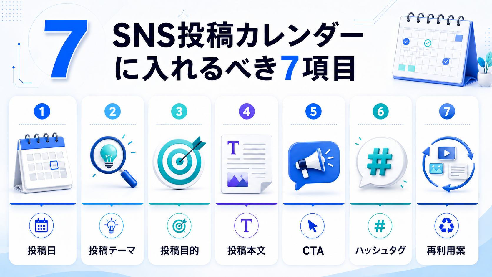 SNS投稿カレンダーに入れるべき7項目の図解