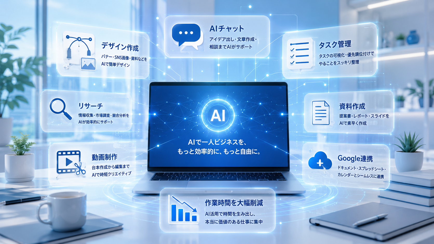 個人事業主がAIツールを使って一人ビジネスを効率化するイメージ画像