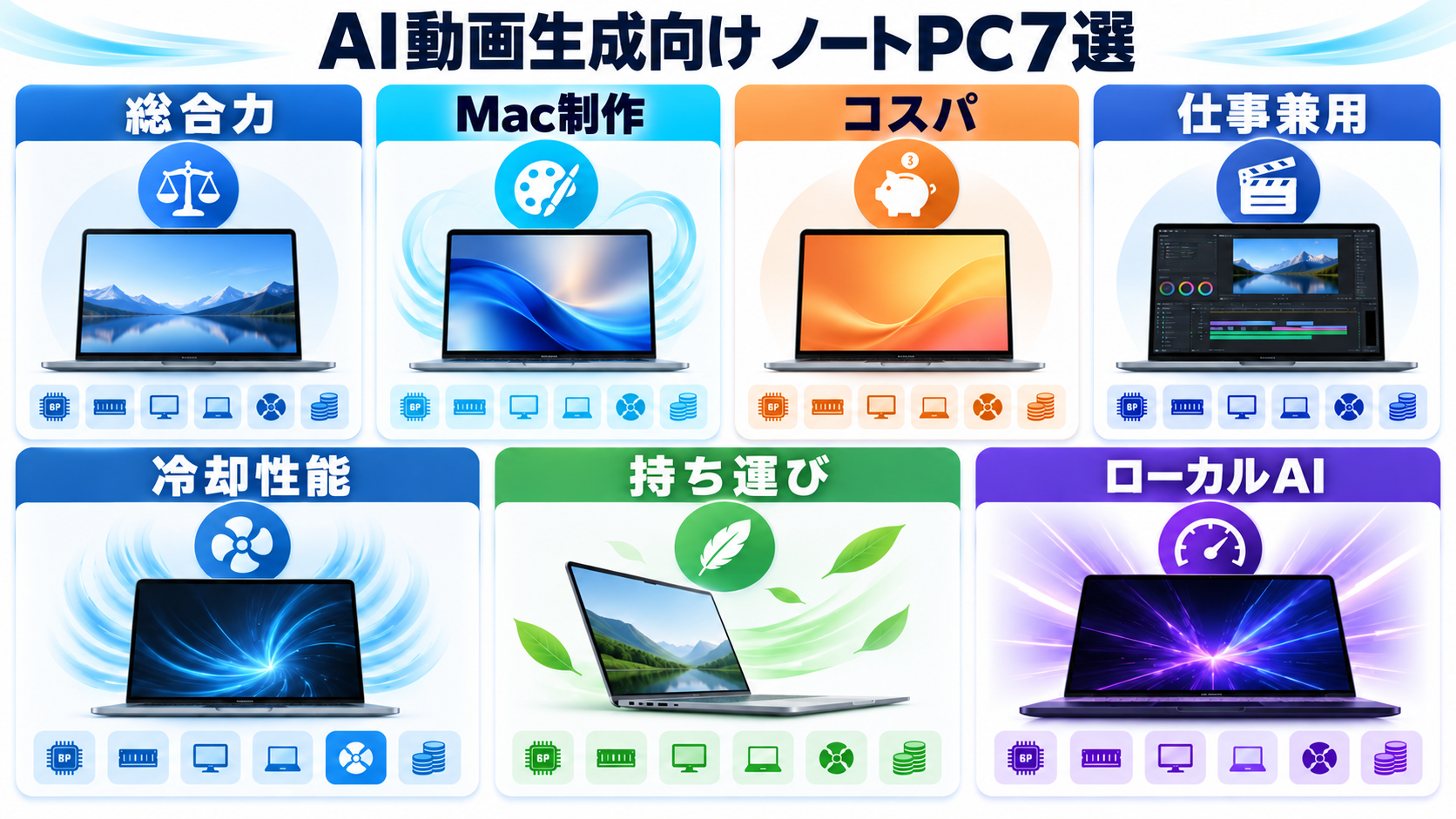 AI動画生成向けノートPC7機種の用途別比較